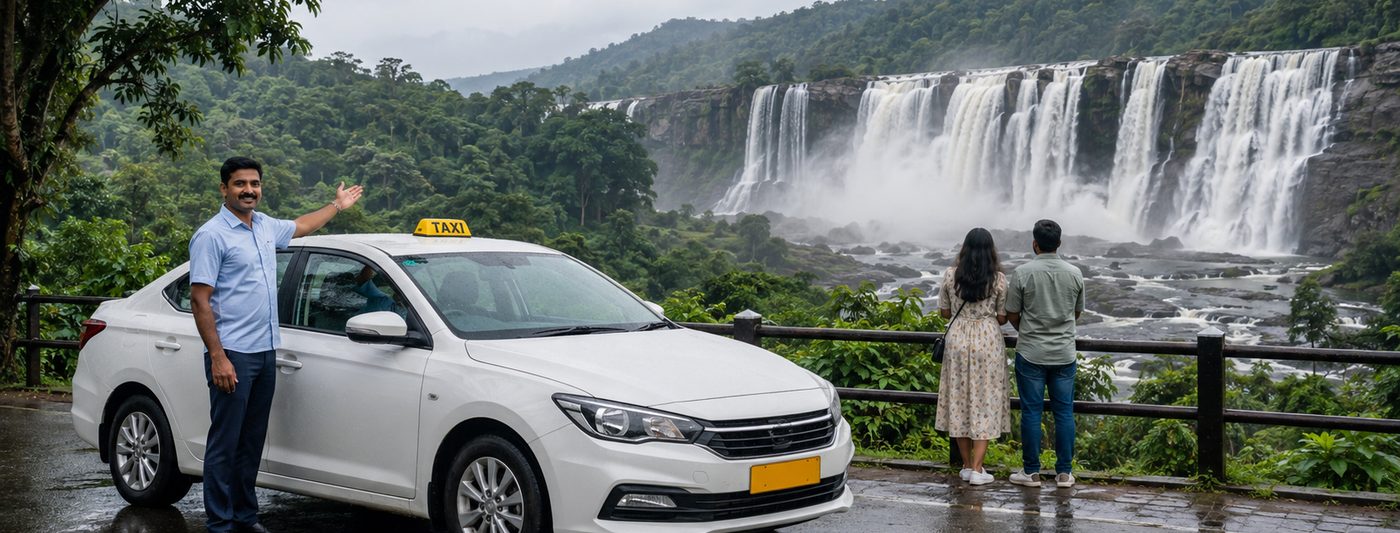 Taxi parked at the Athirappilly waterfall viewpoint in monsoon, Kerala