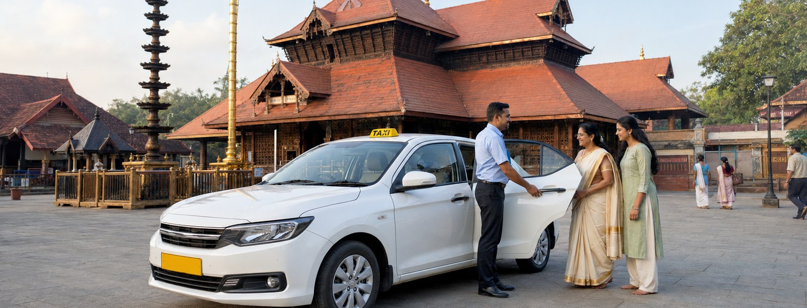 Chauffeur holding open a taxi door for pilgrims outside a traditional Kerala temple